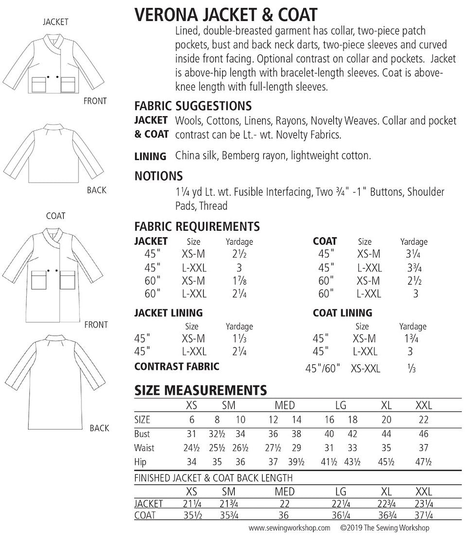 Verona Jacket + Coat by The Sewing Workshop (Sizes: XS-XXL